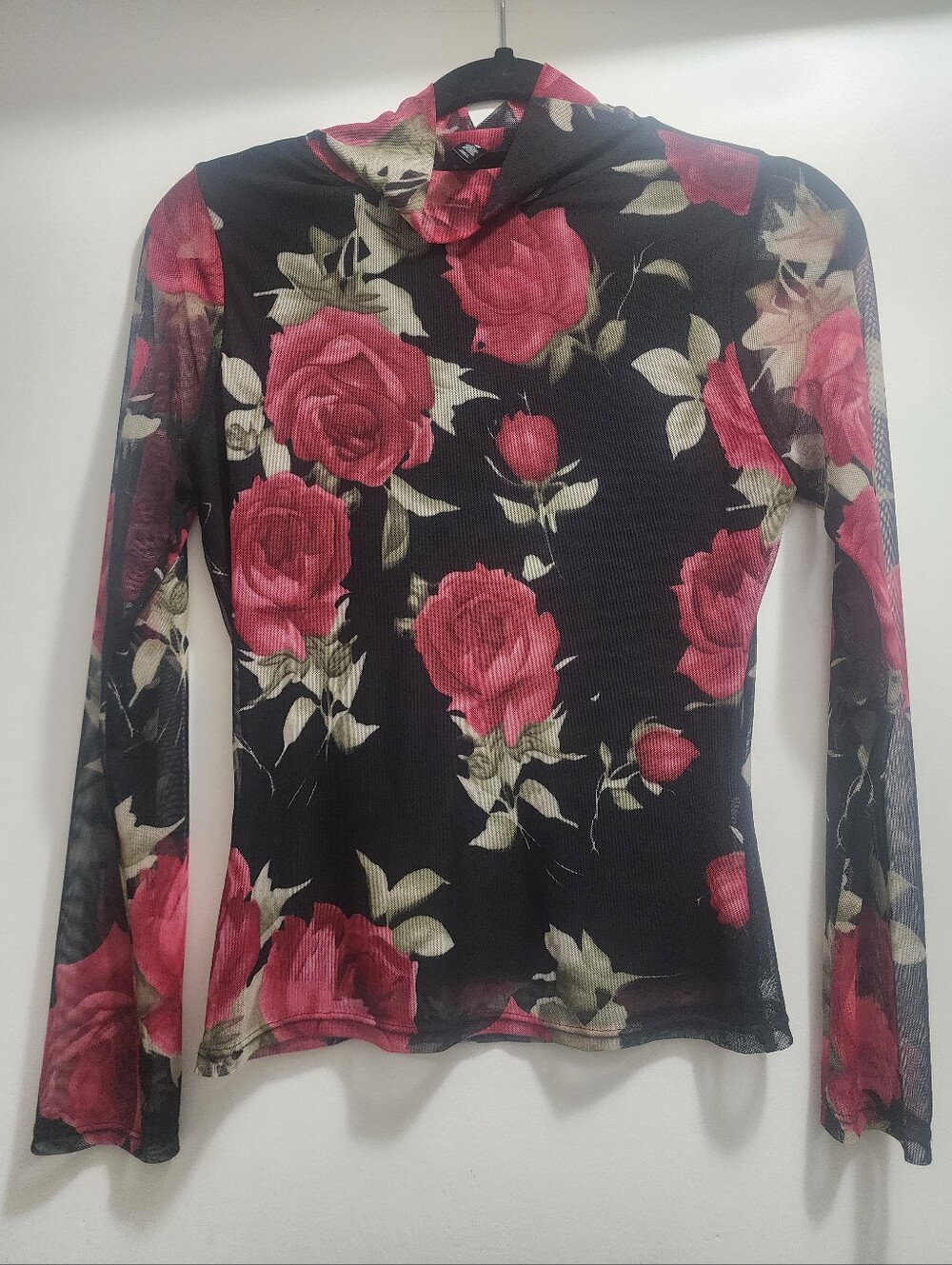 Aqua Brand Sheer Black Mesh Red Rose Floral Shirt Top Cowl Neck Size Medium